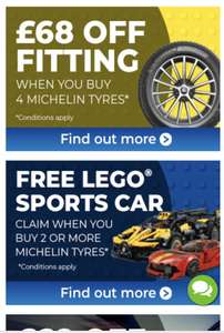 Free Fitting on 2-4 tyres Michelin tyres + Free Lego Set