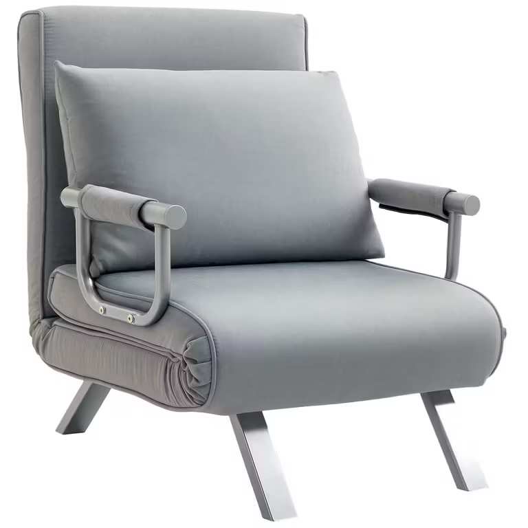 HOMCOM Single Chair Bed Click Clack Convertible Bed Settee Grey, Modern Faux Suede Upholstered with Pillow