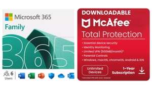 Microsoft 365 Family 6 People 12 months (+ extra 3 mths free) & McAfee / 6 TB of cloud storage (1TB per person) = £44 w/ signup code
