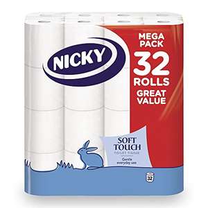 Nicky Soft Touch Toilet Tissue |Extra Value Pack – 32 Rolls of Extra Gentle White Toilet Paper |190 Sheets per Roll| 2-ply £8.10 S&S