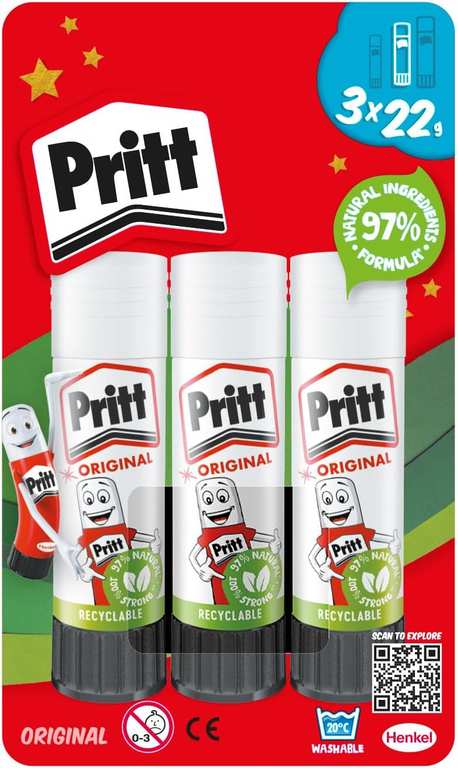 Pritt Glue Stick, Safe and Child-Friendly, 22g (Pack of 3) - £1.80 / £1.61 S&S