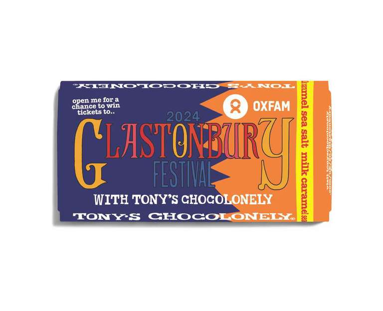 Chance to win 2 tickets to Glastonbury 2024 with Tony’s Chocolonely (Oxfam exclusive) Milk Caramel Sea Salt/Dark Almond Sea Salt