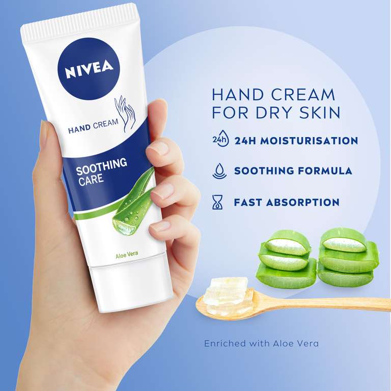 NIVEA Soothing Care Aloe Vera Hand Cream (75ml), 24H Moisturising for Dry Cracked Hands, Non-Greasy, Fast-Absorbing (£1.13 with S&S)