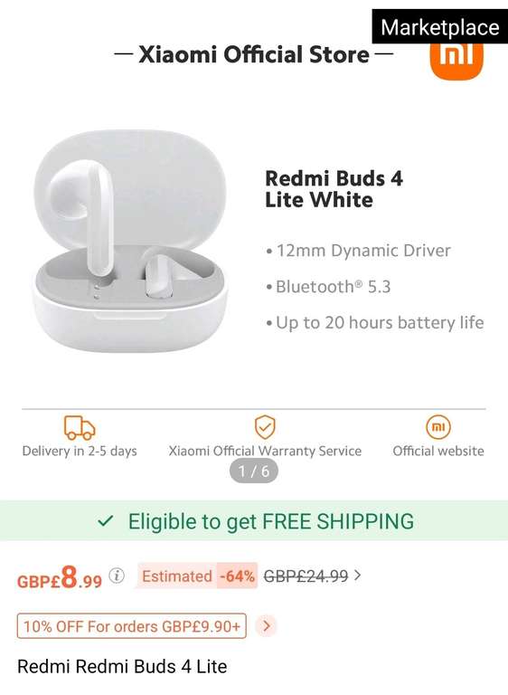 Redmi Buds 4 Lite - w/ Coupon For Selected Users - Sold By Xiaomi Official Store