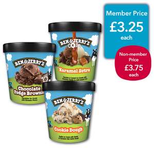 Ben & Jerry's ice cream 465ml sunny hunny/karamel sutra/cookie dough/Fudge brownie/phish food £3.25 each members price