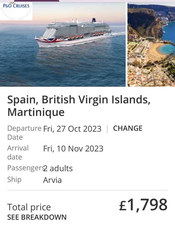 P&O Cruises 14nt fly-cruise £899 each to Barbados & Virgin Islands,full board,inc transfers & tips 27/10 £1798 @ Logitravel