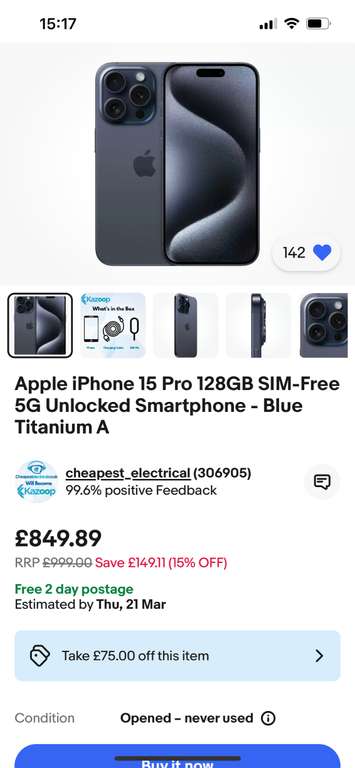 Apple iPhone 15 Pro 128GB SIM-Free 5G Unlocked Smartphone - Blue Titanium A (with code) - sold by cheapest_electrical