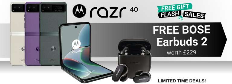 Motorola Razr 40, 256GB - iD 500GB data, Unltd min & text + CLAIM BOSE QUIET COMFORT EARBUDS 2 - £0 upfront £19.99pm/24m