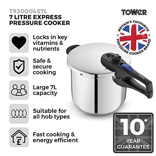 Tower T80244 Pressure Cooker with Steamer Basket, Stainless Steel, 6 Litre , Silver £44 @ Amazon