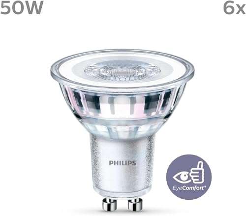 PHILIPS LED Classic Light Bulb 6 Pack [GU10 Spot] 4.6 W - 50 W Equivalent, Warm White (2700K), Non Dimmable [Energy Class F]