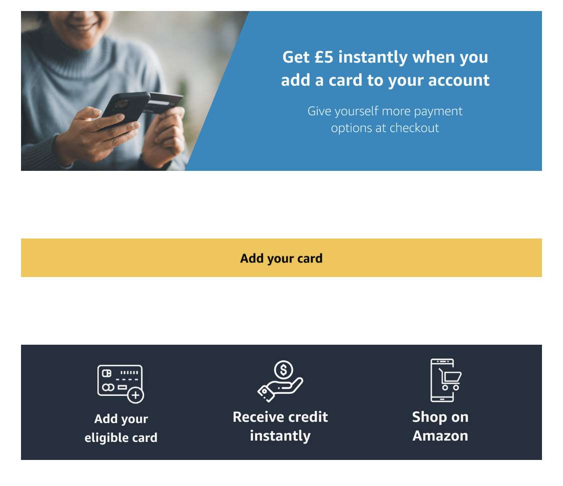 Amazon £5 credit for adding a card - Account specific / invite only |  hotukdeals