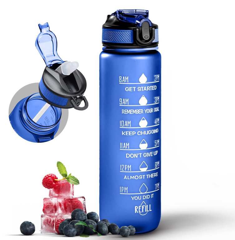 Water Bottle 1000ml with Motivational Time Marker & Straw, Dishwasher Safe Leak-proof Drink Bottle BPA Free - Blue / Black / Pink / Purple