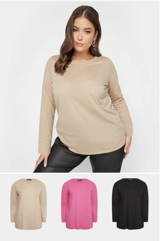 YOURS Curve 3 PACK Beige Brown & Pink Long Sleeve Tops