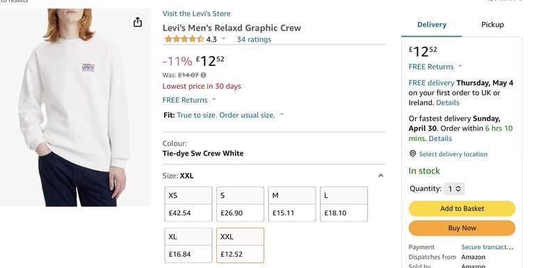 Levi's Men's Relaxd Graphic Crew XXL - £12.52, M - £15.11, L - £18.10, XL - £16.84 @ Amazon
