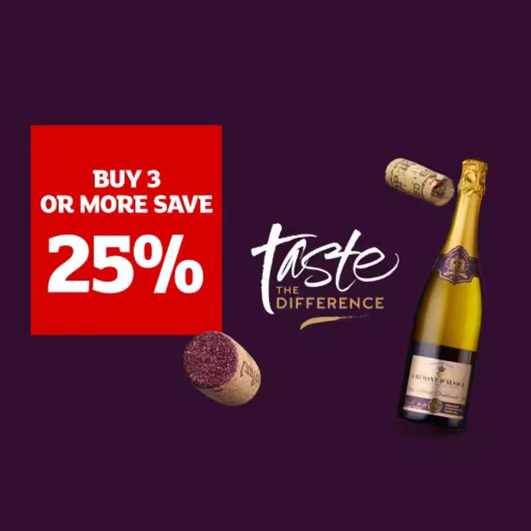 25% Off 3+ Bottles of Taste the Difference Wine & Prosecco + £18 Off £60 Spend W/Code (New Customers)