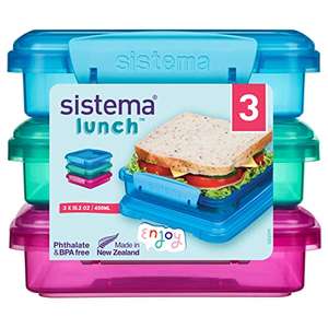 Sistema Lunch Sandwich Boxes | 450 ml Food Storage Containers | BPA-Free | Assorted Colours | 3 Count