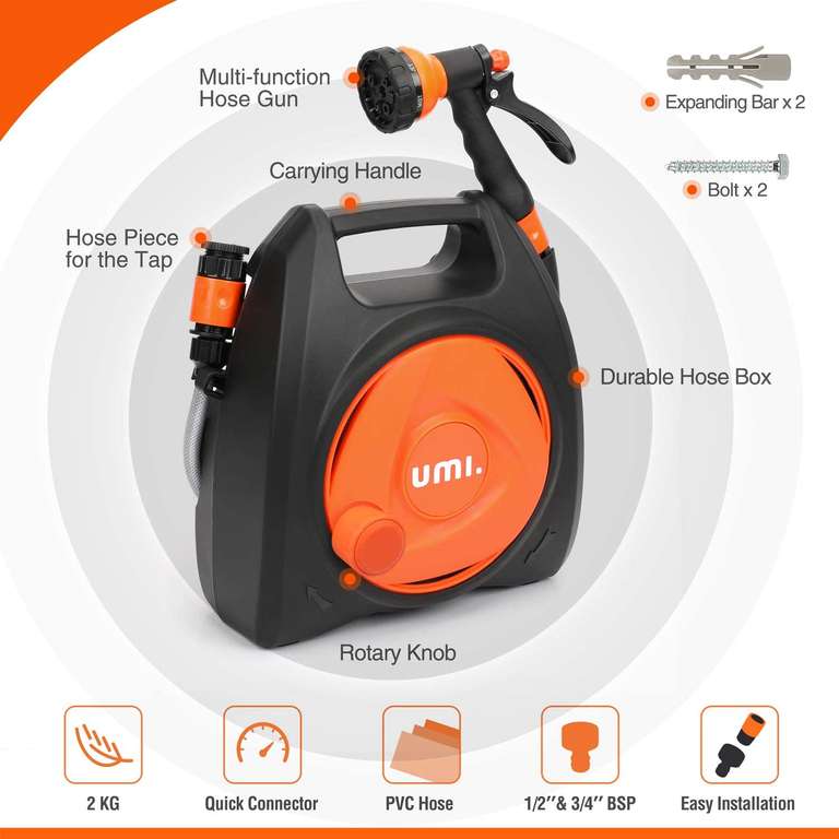 Umi Garden Hose Reel 7-in-1 Spray Nozzle with 10M Hose Sold by GS Basics