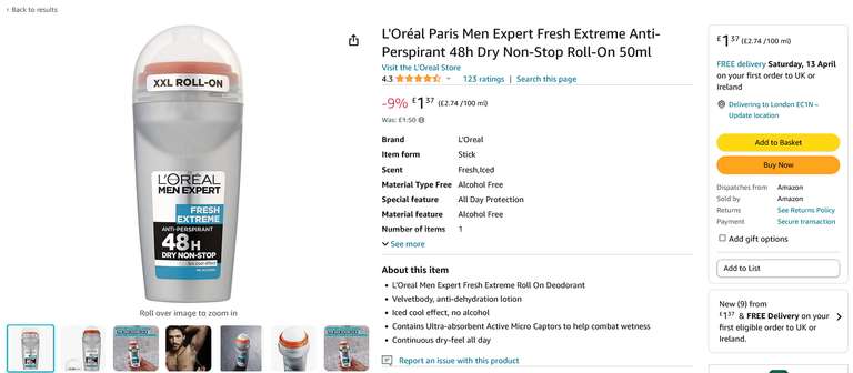 L'Oréal Paris Men Expert Fresh Extreme Anti-Perspirant 48h Dry Non-Stop Roll-On 50ml