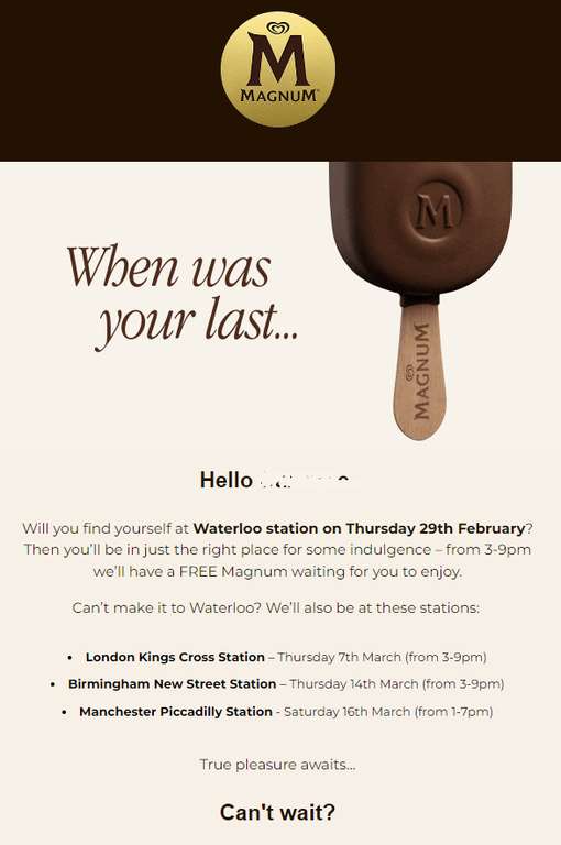 Free Magnum Ice-cream Kings Cross 7th March, Birmingham New St Thursday 14th March, Manchester Piccadilly Sat March 16th