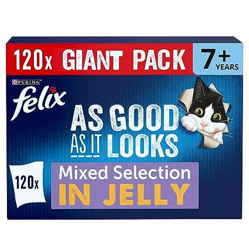 Felix As Good As It Looks 7+ Senior Wet Cat Food Mixed Variety in Jelly Beef, Chicken, Tuna, Salmon 120 x 100g Pouches