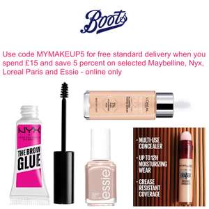 Sale - 5% Off + Free Standard Delivery When You Spend £15 On Selected Make-up Products With Code - @ Boots