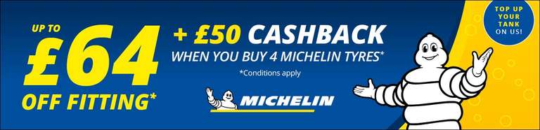 Up To £64 Off Fitting + £50 Cashback When You Buy Four Michelin Tyres at ATS Euromaster