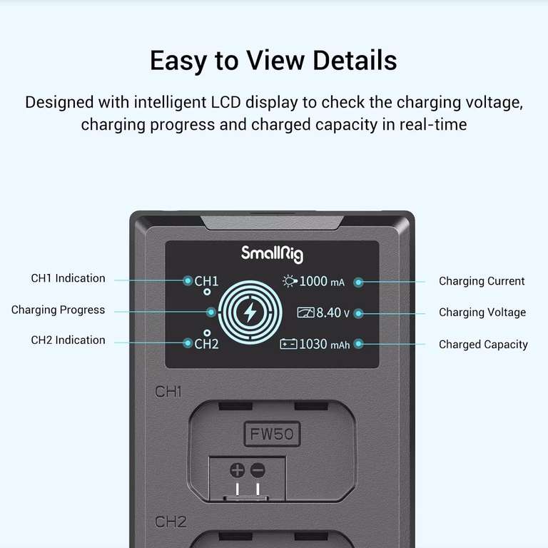 SmallRig NP - FW50 dual battery charger ( USB-C + A / LCD ) + 2 1030mAh battery ( Sony Alpha A7 / A6400 / ZVE10 ) @ SmallRig Direct / FBA