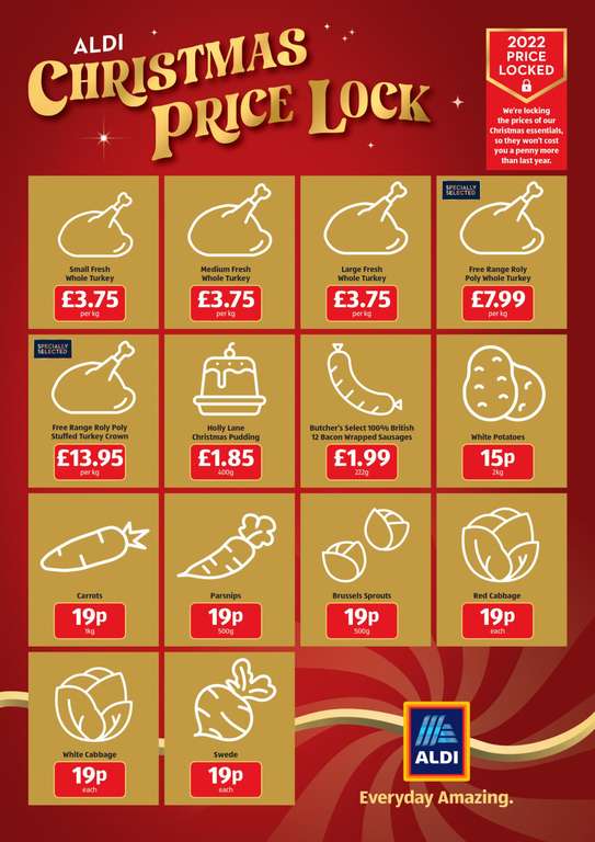 ALDI Christmas Price Lock - Christmas Vegetables 19p / 2KG White Potatoes 15p / Fresh Turkey will be from £3.75 per KG and more