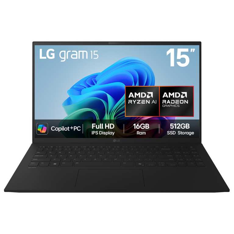 LG gram 15Z80T (Excl.)- 15.6 inch FHD IPS Laptop, AMD Ryzen AI 7 350, AMD Radeon 860M GPU, 50 TOPS NPU, 16GB RAM, 512GB SSD