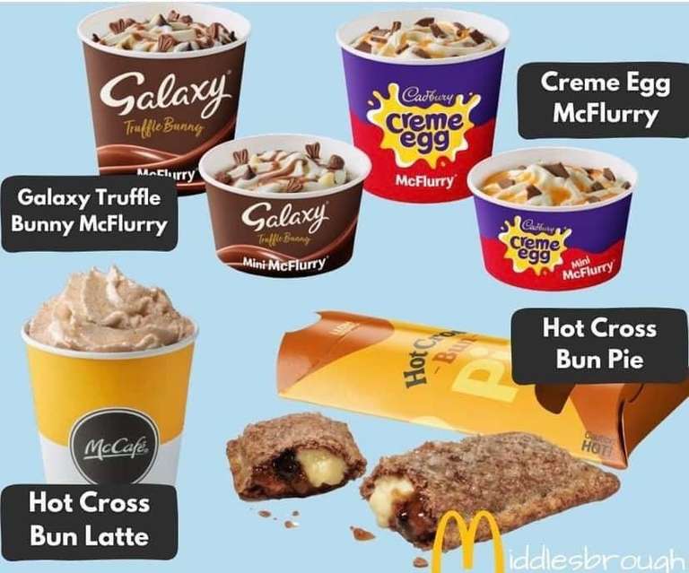New McDonald’s Menu coming 13th March Creme Egg McFlurry, Hot Cross Bun Pie, Hot cross Bun latte & Galaxy truffle McFlurry,Halloumi Fries