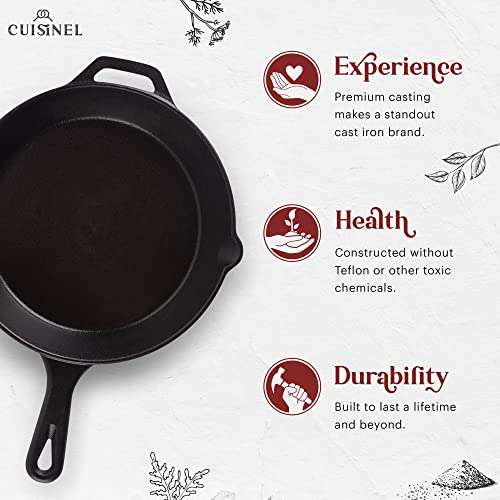 CAST IRON SKILLET with Glass Lid Frying Pan Scraper Silicone Handle 12  CUISINEL