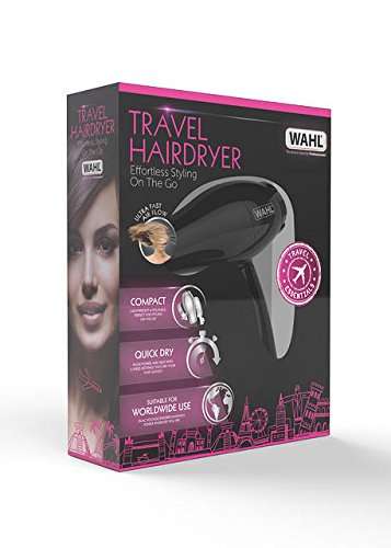 Wahl Travel Hair Dryer, Hair Dryer with Attachments, Dryer for Travelling, Compact Hairdryer, Foldable Travel Dryer, Two Heat Settings