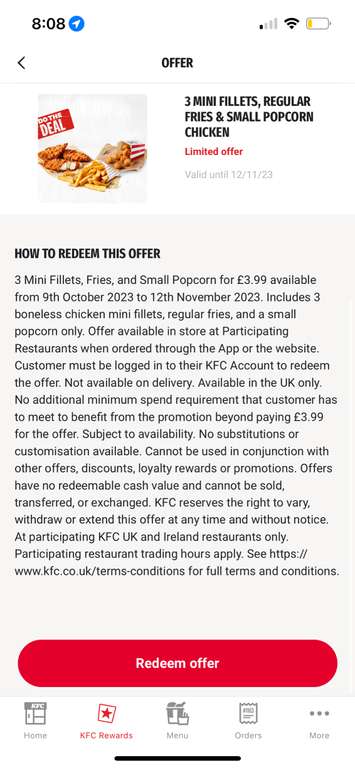 3 Mini Fillet, Fries & Popcorn Chicken for £3.99, 2 Hot Wings 99p, 4pc Boneless Chicken for £5.29