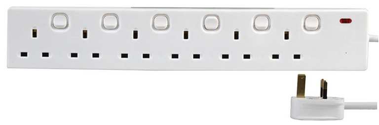 Pro Elec 6‑Gang Switched Mains Extension Lead, 5m Cable, 13A - White