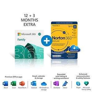 Microsoft 365 Family | 15 Months subscription | Office apps | up to 6 users | Multiple PCs/Macs + Norton 360 Deluxe £54.99 @ Amazon