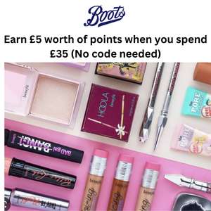 Earn £5 Worth Of Points When You Spend £35 on Benefit Cosmetics + Free Gift When you Spend £50 + Free Delivery - @ Boots