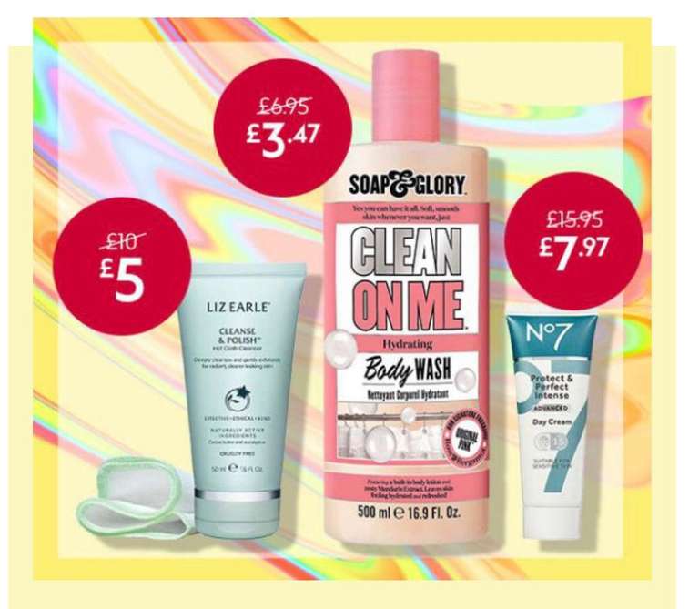 1/2 Price Friday offers - No7 8 Products, Soap &Glory, Liz Earle Sleek, Palette, Botanic, Your good skin Etc +£1.50 Click& Collect @ Boots