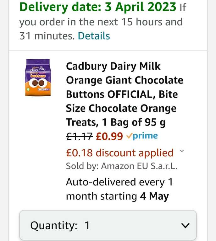 Cadburys Dairy Milk Giant Chocolate Orange Buttons £1.17 (99p at via S&S and extra 10% off added at checkout) @ Amazon