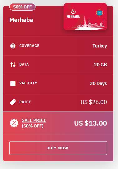 Selected E-Sims 50% off eg. Turkey 20gb sim £10.50