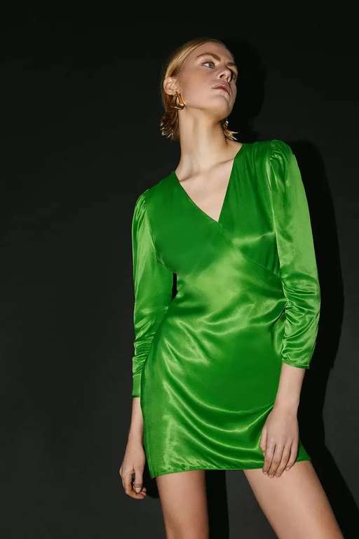 Warehouse Satin Long Sleeve Wrap Mini Slip Dress - Reduced + Free Delivery With Code