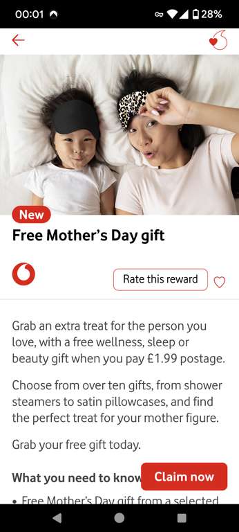 Free mother's day gift when you pay postage - Choose one item from a variety of sleep, wellness and beauty products via Vodafone VeryMe
