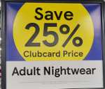 25% off Adult Nightwear - Clubcard Price @ Tesco