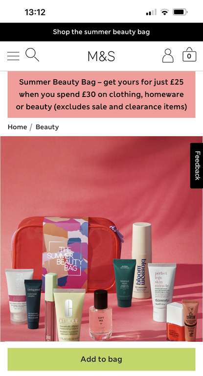 The Summer Beauty Bag £25 (£155 RRP) when you spend £30 on clothing, homeware or beauty (excludes sale and clearance items) free C&C @ M&S