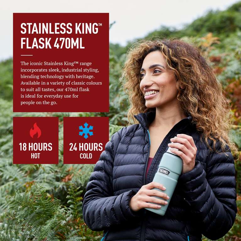 Thermos King Stainless Steel Flask – 470ml, 18 Hours Hot / 24 Hours Cold – Black Or Cranberry