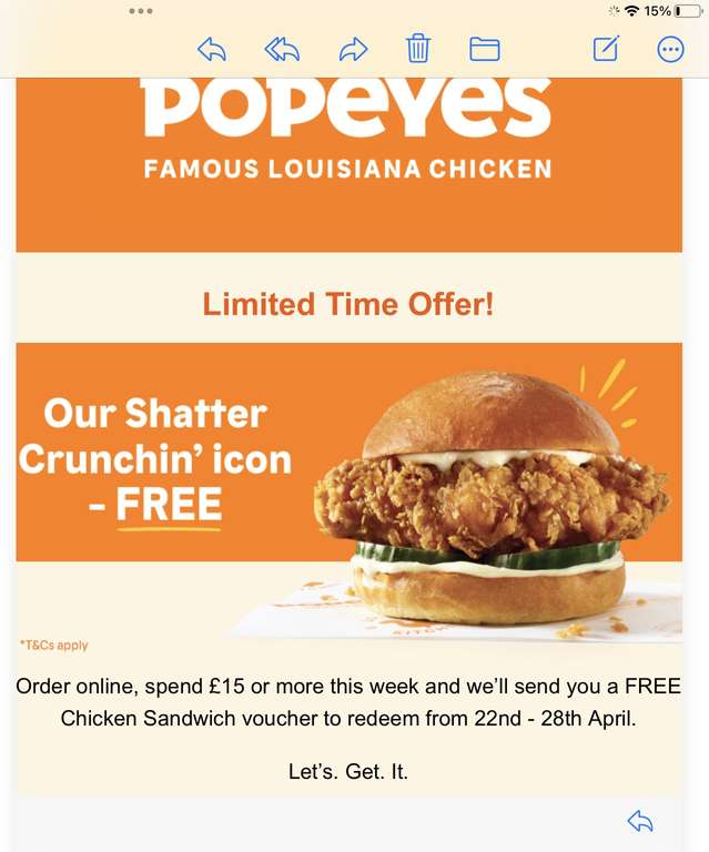 Free Chicken Sandwich (Selected Accounts via Email) on a £15+ Spend