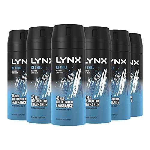 Lynx Ice Chill 48 hours of zinc tech Aerosol Bodyspray deodorant Pack of 6 x 150 ml Amazon £12.75 or £12.11 s&s @ Amazon