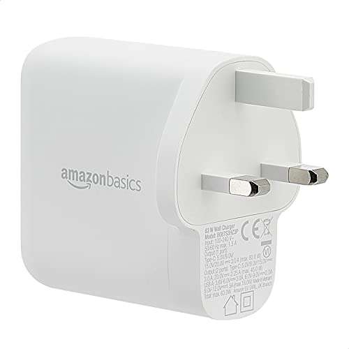 Amazon Basics 63W Two-Port GaN Wall Charger with 1 USB-C Port (45W) & 1 USB-A Port (18W)