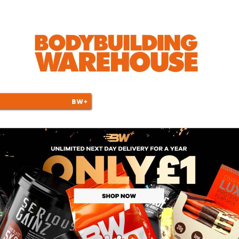 Unlimited Next Day Delivery 12 months Body Building Warehouse Plus w/code (no min spend) + 25% off site w/code (Members)