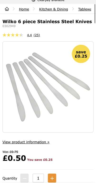 Wilko 6 piece stainless steel knives 50p (Free Click & Collect) @ Wilko