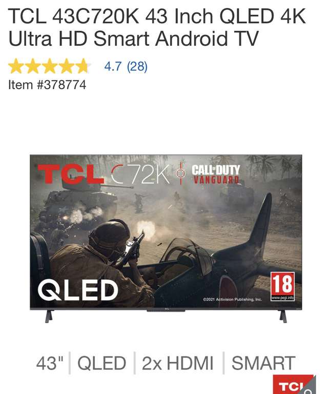 TCL 43C720K 43 Inch QLED 4K Ultra HD Smart Android TV - now £249.99 @ Costco online (from 07/03/2022)